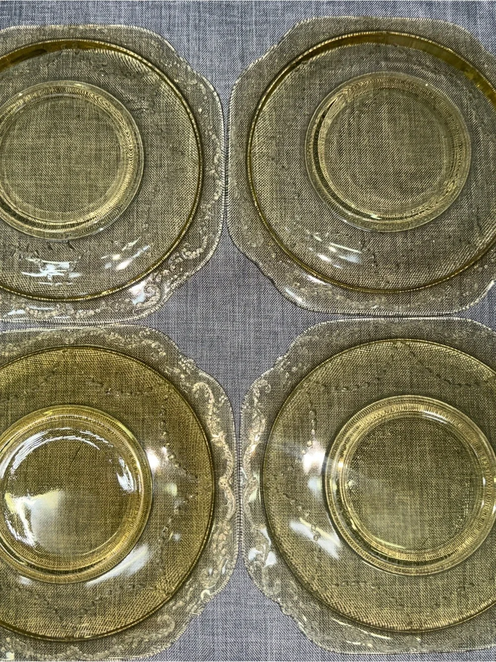 Set of 4 Vintage Amber Depression Glass Saucers Scroll Border Square